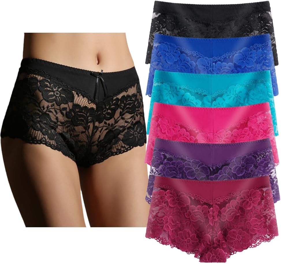 YaoKing Women's Underwear Regular & Plus Size Panties Lace Boyshort Hipster Cheeky Panty- 6 Pack