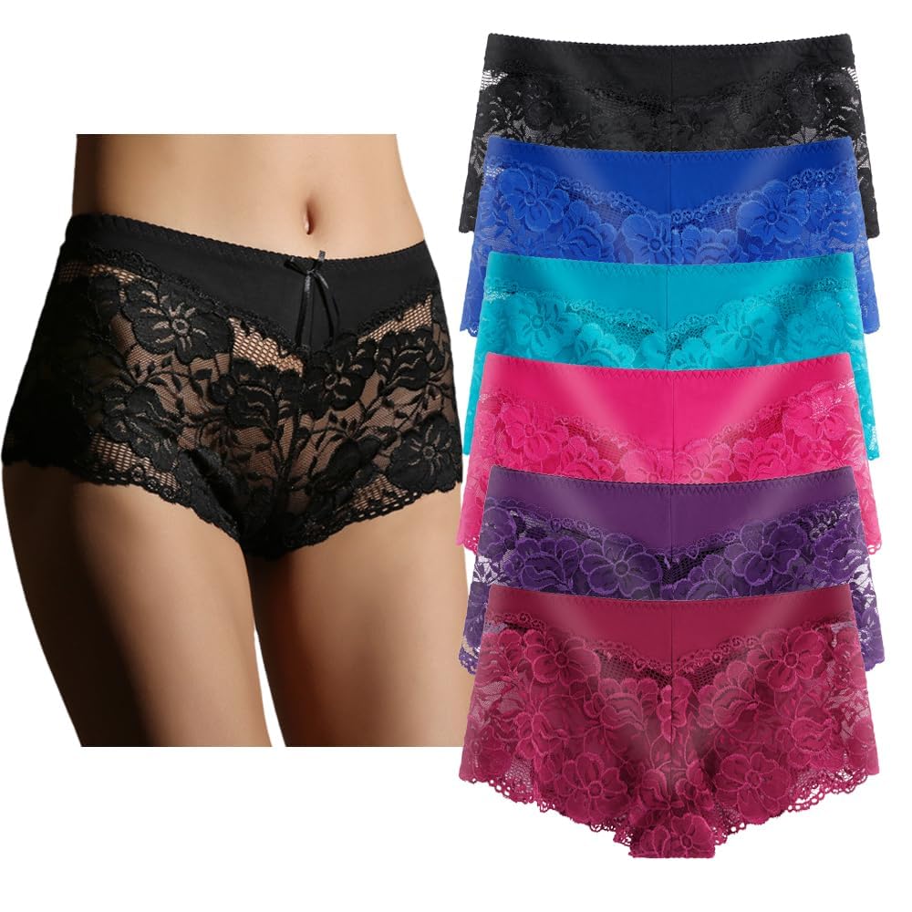 Women's Underwear Regular & Plus Size Panties Lace Boyshort Hipster Cheeky Panty- 6 Pack