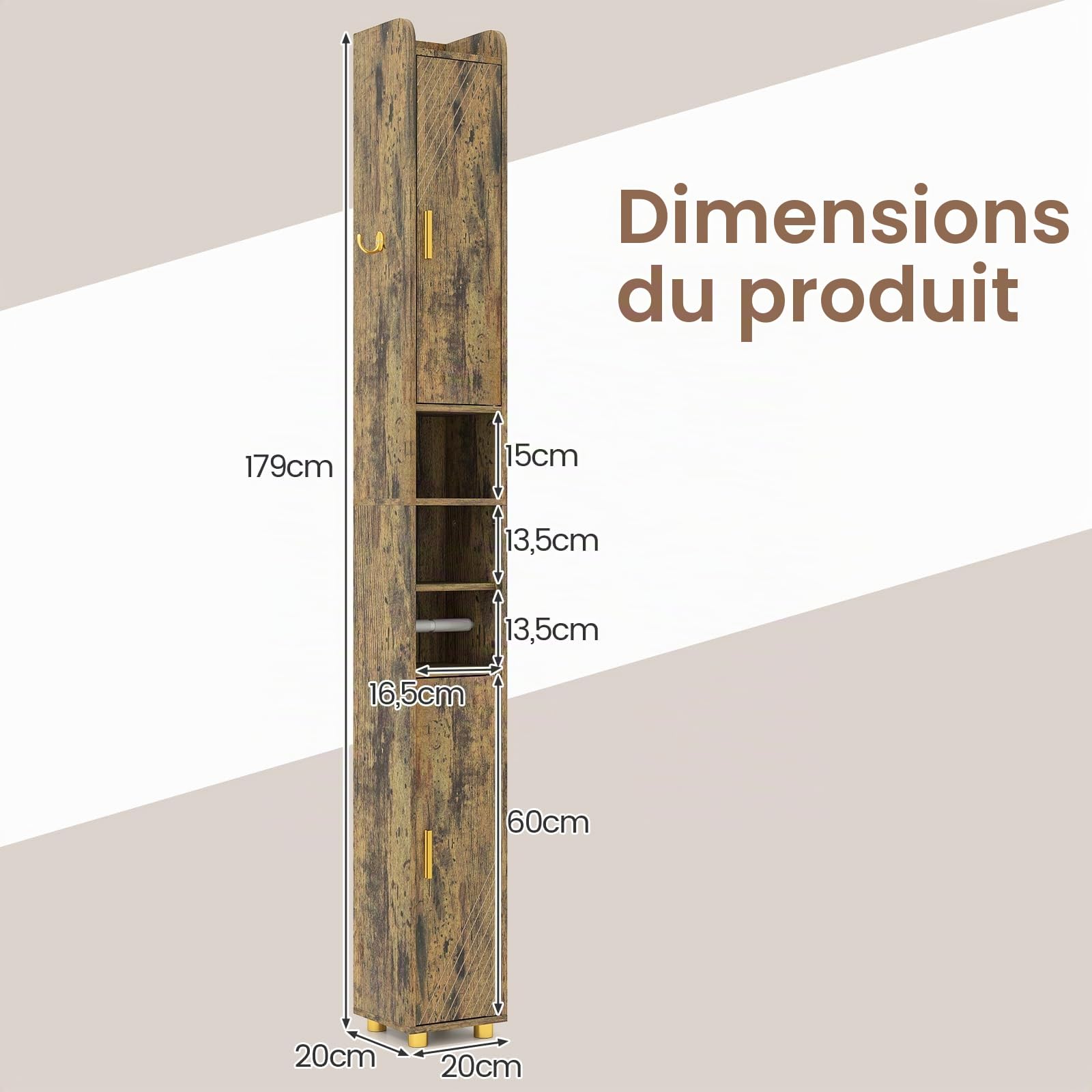 GIANTEX Colonne Salle de Bain Haute, Petit Meuble de Rangement Salle de Bain, 2 Portes, 1 Crochet, Étagère Réglable, Meuble Rangement pour Toilette, Salon, Bureau, 20x20x179 cm (3Étagère,Marron)
