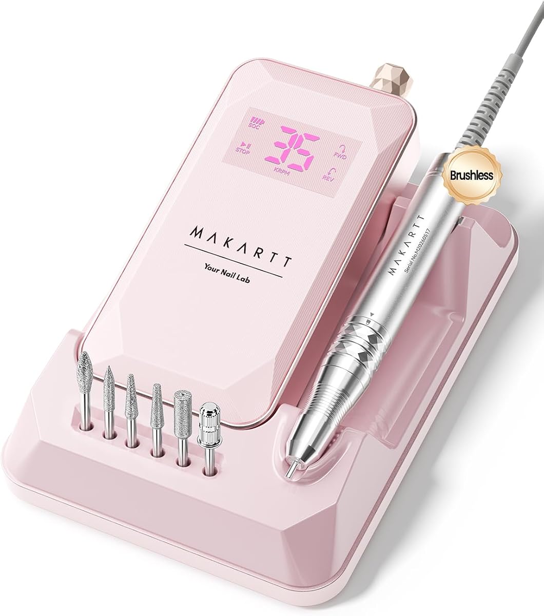 Taladro de uñas sin escobillas Makartt: 60 W, 35000 rpm, E-File inalámbrico, VYKTOR rosa | Motor sin escobillas, par de torsión de 489,5 gf ·cm, baja temperatura, baja vibración, tiempo de ejecución de 8,5 H, eliminación de acrílico, uso de tecnología de uñas móviles para el hogar de salón