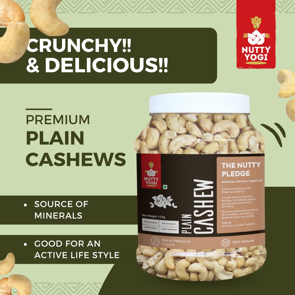 Nutty Yogi Cashew 1.2kgs Jar| Whole Crunchy Cashew | 100% Natural Premium Kaju Nuts Dry Fruit | Nutritious & Delicious | Gluten Free & Plant based Protein| Healthy Snacking|Low Sugar| Healthy Fats & Fiber 1