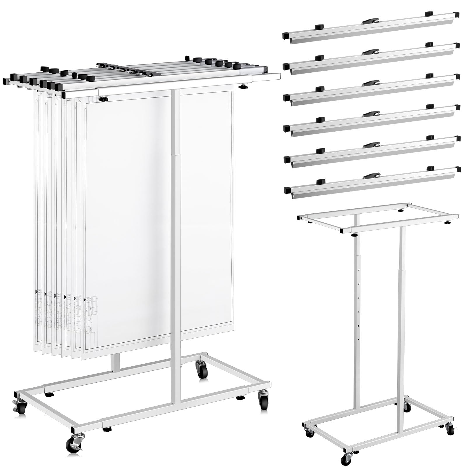 Kolldenn Mobile Blueprint Storage Rack Adjustable Holder with 6 Pcs Blueprint Clamps 4 Wheels Storage Organizer Stand for File Display Plan Office