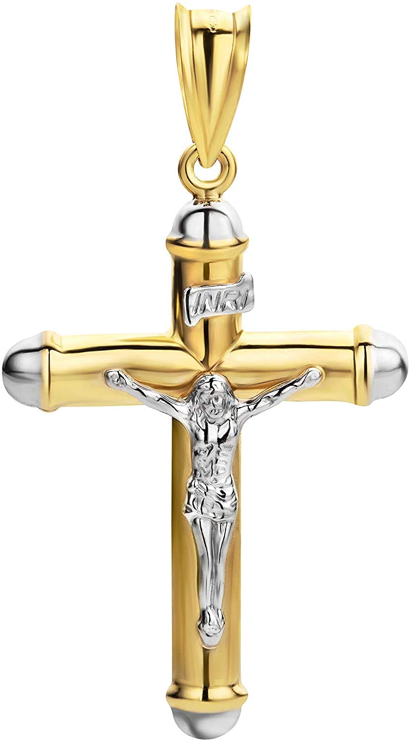 Massiv Gold Jesus Christus 14k Bicolor Gold Jesus Christus Anhänger – Massiv, 5,5 G, Religiöses Kruzifix-Charm Orthodoxes Kreuz Gold