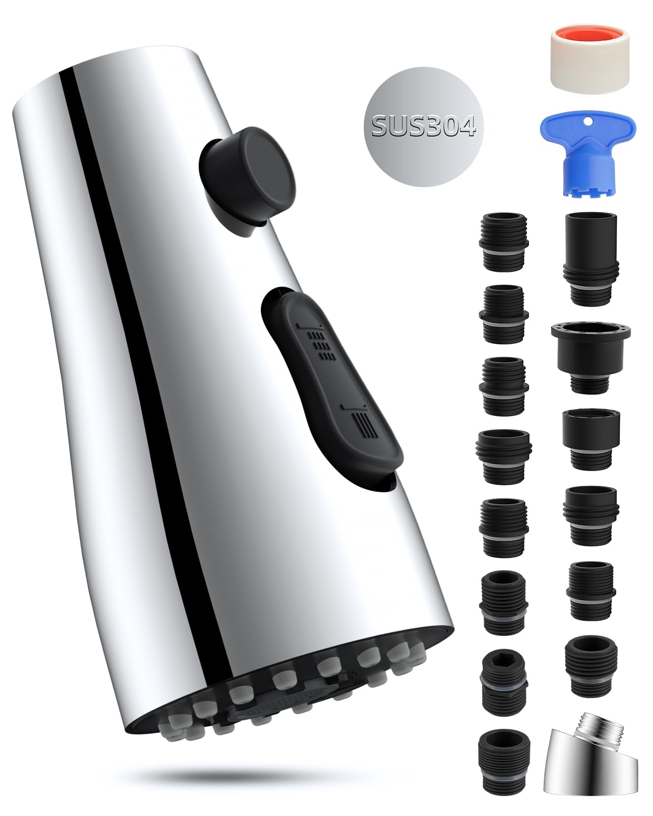 Hibbent Ersatz-Sprühkopf aus Edelstahl mit 12 Adaptern, 3-Funktions-Küchenarmatur-Sprühkopf, kompatibel mit Moen, American Standard, Delta, Kohler Wasserhahn, Chrom