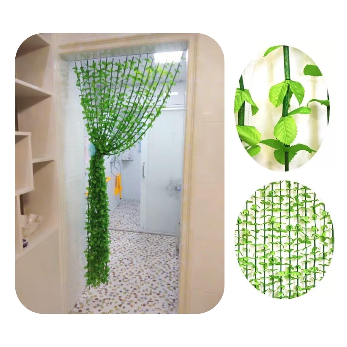 Rideau de Porte décoratif à Perles en Forme de Feuille de Bambou Verte, Rideau à chaînette pour intimité, 70 cm à 120 cm, Rideau à Rayures et Pompons (100 x 200 cm)
