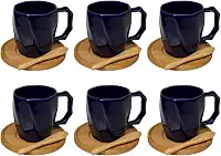 Kit 6 Canecas de Cerâmica 120ml com Colheres e Pires de Bambu – Design Minimalista, Ideal para Café e Presentes - E-FCS Store (Azul Marinho)