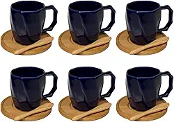 Kit 6 Canecas de Cerâmica 120ml com Colheres e Pires de Bambu – Design Minimalista, Ideal para Café e Presentes - E-FCS Store (Azul Marinho)