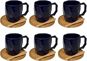 Kit 6 Canecas de Cerâmica 120ml com Colheres e Pires de Bambu – Design Minimalista, Ideal para Café e Presentes - E-FCS Store (Azul Marinho)