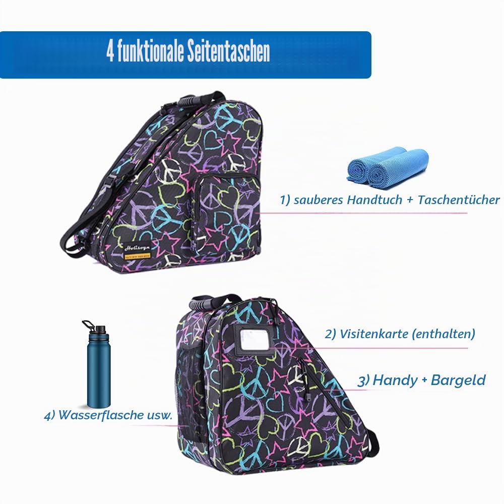 Holisogn EIS-, Figuren-, Inline- und Rollschuh-Taschen, hochwertige und modische Taschen für Kinder, Jugendliche, Erwachsene in Allen Größen (Peace & Love), Schwarz HLS002