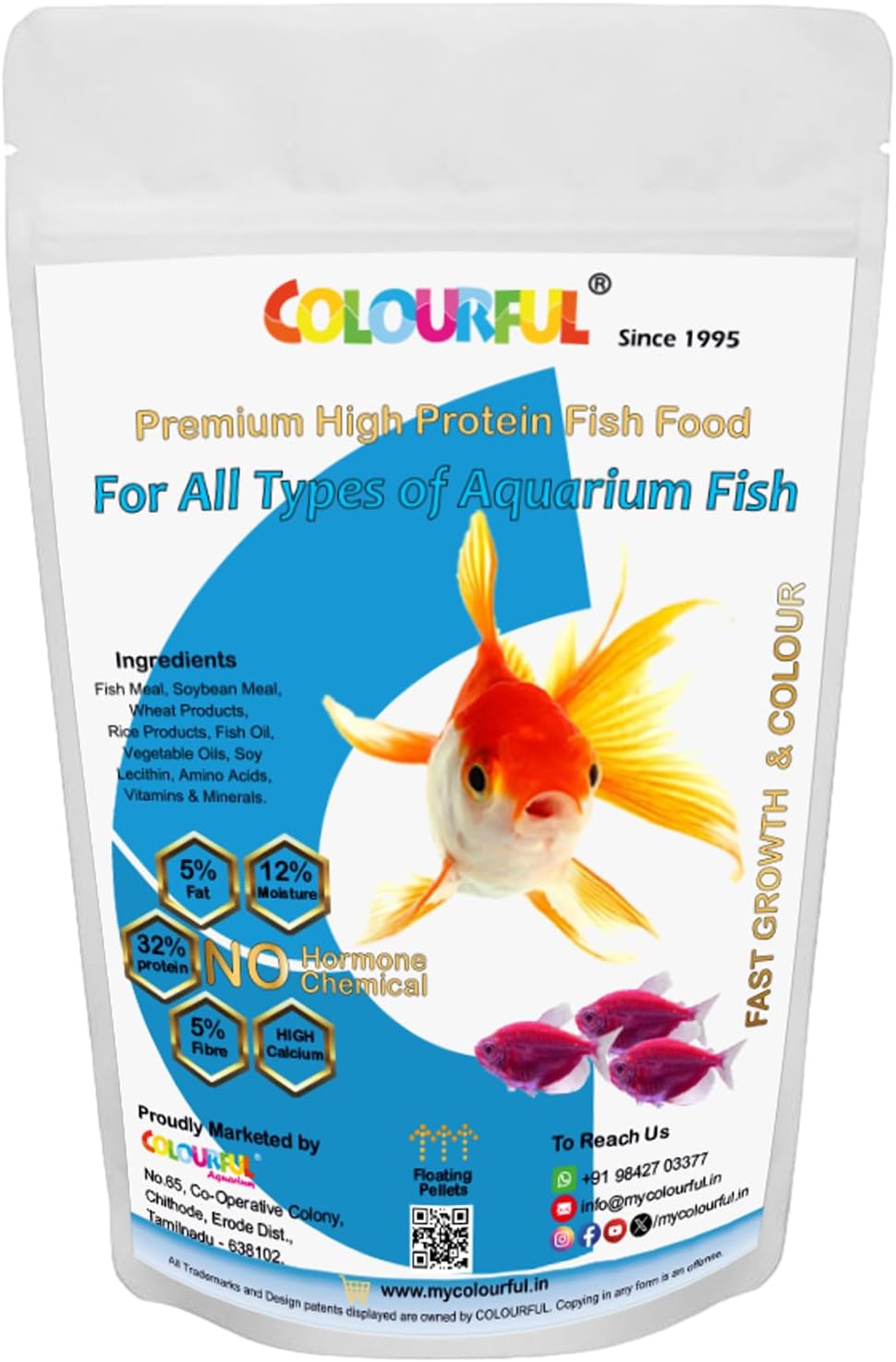 COLOURFUL AQUARIUM - High Protein Fish Food for Tropical and Pond Fish | Aquarium Fish Food in 4 Different Sizes | Fast Growth and Colour (4mm 100g, Pack of 1), All Life Stages, Pellet