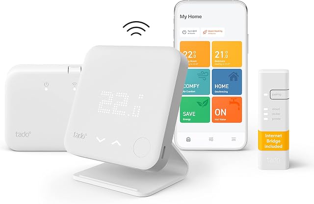 tado° Wireless Smart Thermostat Starter Kit V3+ Incl. Stand Full Control Over Your Boiler And Hot Water From Anywhere, Save Energy, Easy DIY Installation - Works With Amazon Alexa, Siri, and Google