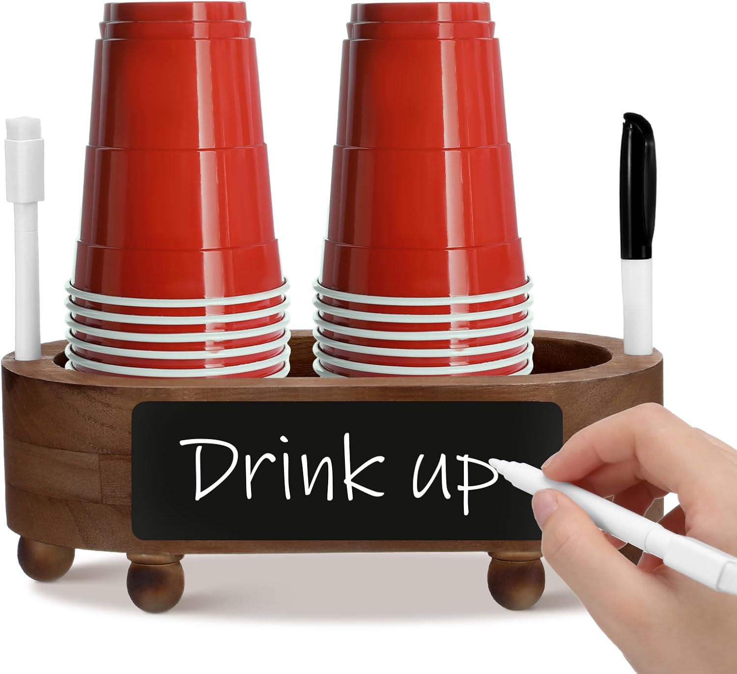 Patelai Double Wooden Cup Holder with Marker Slot Paper Cups Storage Box Disposable Rustic Mug Holder Mark Your Cups and Drink Plastic Cup Organizer for Home Decoration Wedding Party(Brown)