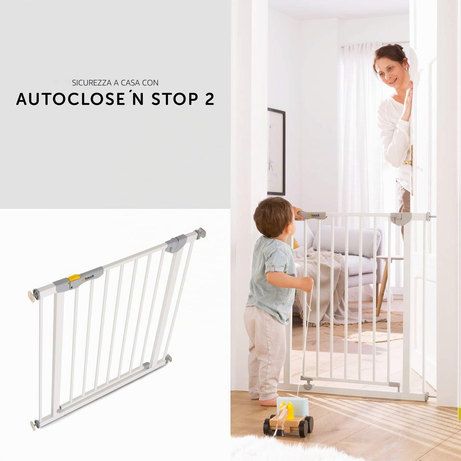 hauck Cancelletto di Sicurezza per Bambini Autoclose N Stop 2 - Cancelletto per Bambini per Aperture da 75-80cm - Fissaggio a Pressione, Chiusura Automatica - Porte e Scale Interne - Metallo, Bianco