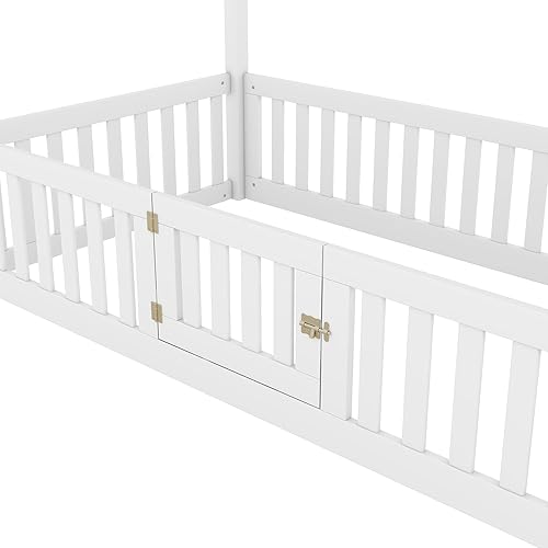 Miniatura 7 de MERITLINE Marco de cama individual para niños, cama Montessori de madera con diseño de valla y puerta, cama individual con rieles para niñas y niños