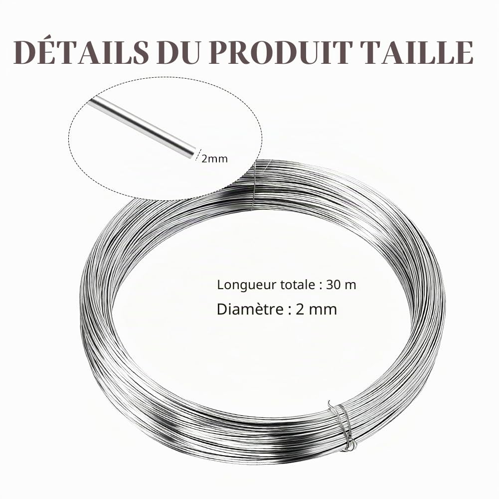 Fil en acier inoxydable 304 Ø 2 mm, 30 mètres de fil en acier inoxydable argenté, fil pour bricolage, câblage de jardin, fil à lier, fil de fer pour le jardin, fil pour DIY, câblage de jardin (2MM X