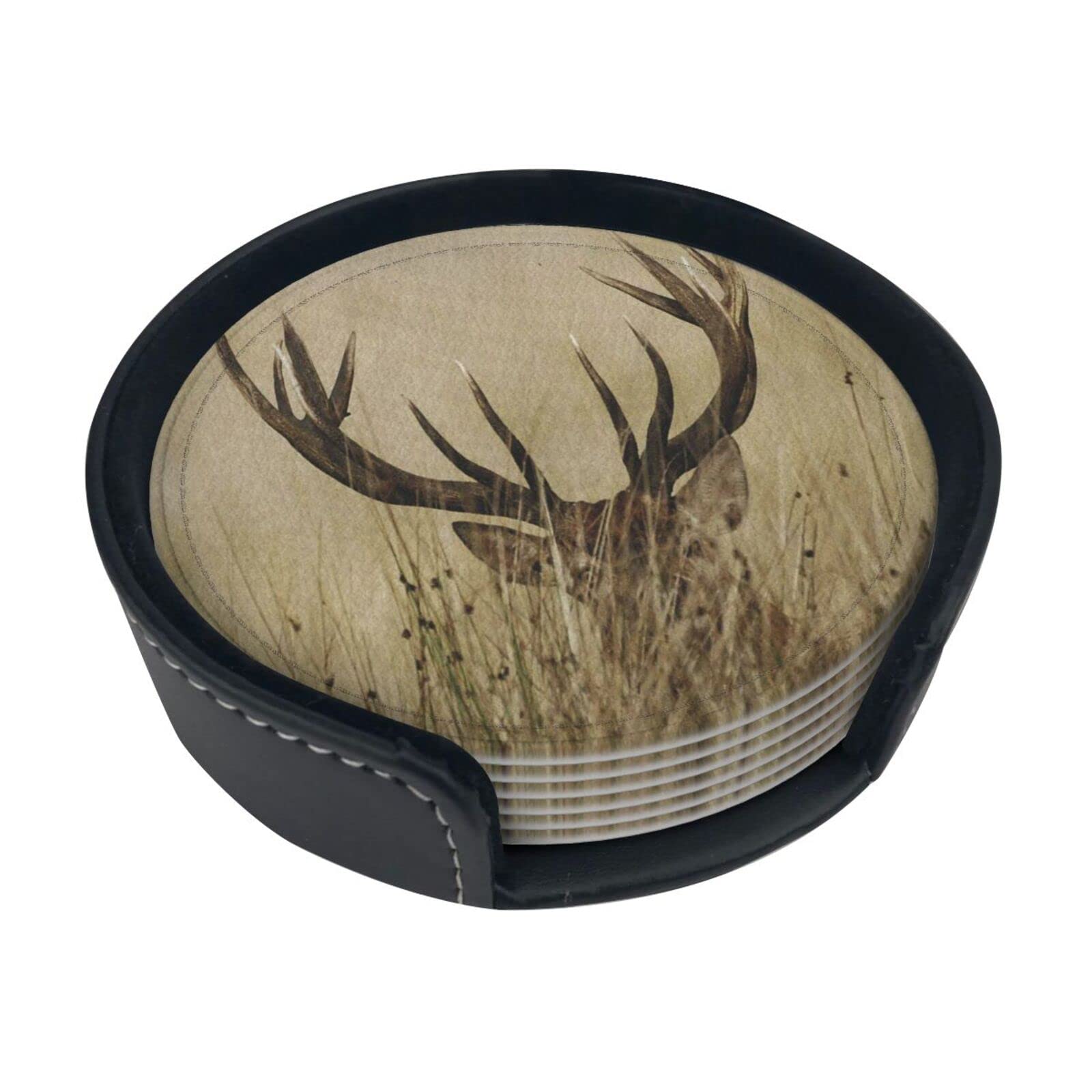 Aooedm As Pic Whitetail Deer Fawn In Wilderness Stag In Countryside Rural Hunting Theme,Sand Brown Durable Round Coasters Drink Coasters With Holder 6 Pcs For Office Table Protection Cups Place Mats