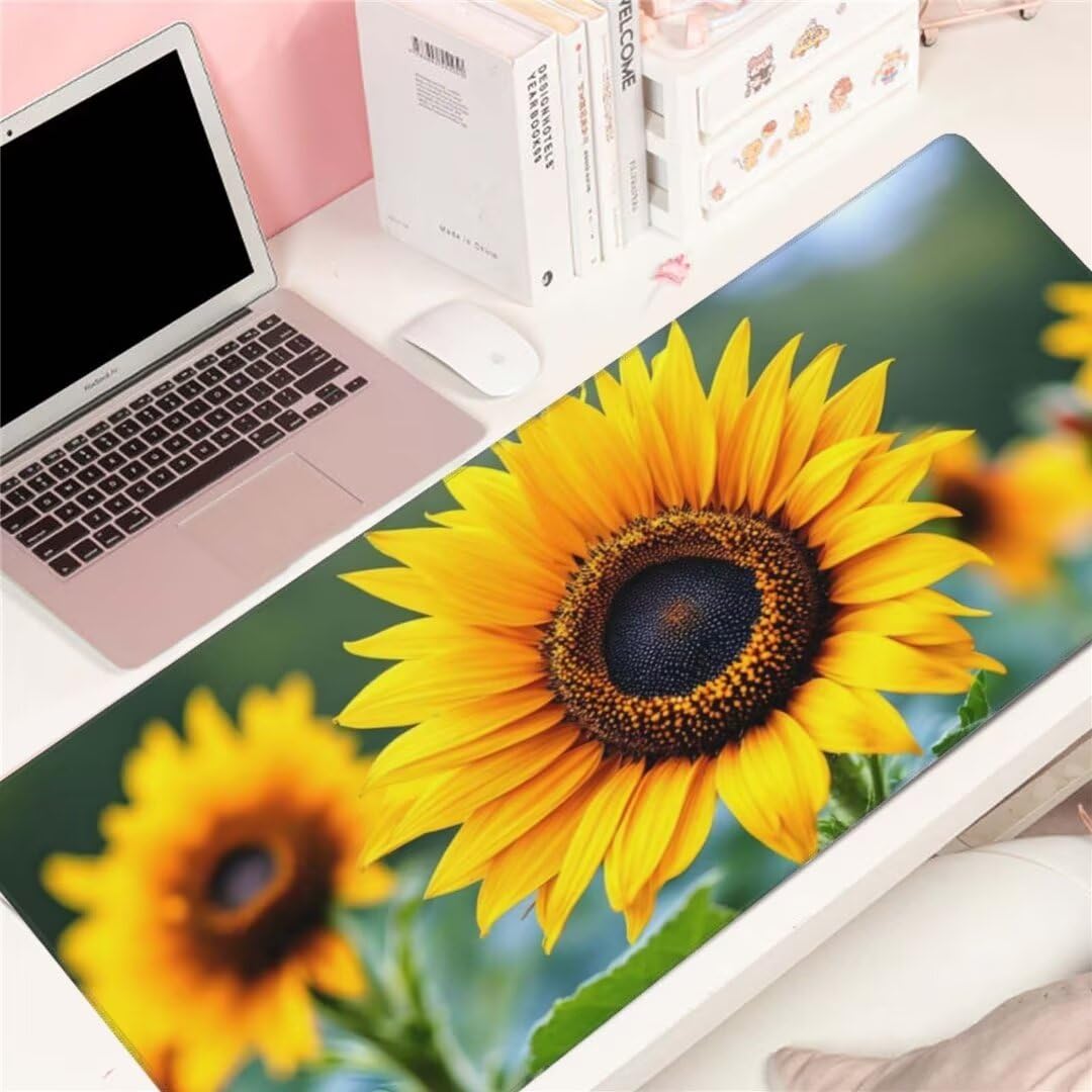 Alfombrilla de ratón 1400x600x3 MM, Alfombrilla Ratón XXL Extendida de Gran Tamaño con Bordes Cosidos, Base de Goma Antideslizante Almohadilla para Teclado, Girasol Amarillo S-6071