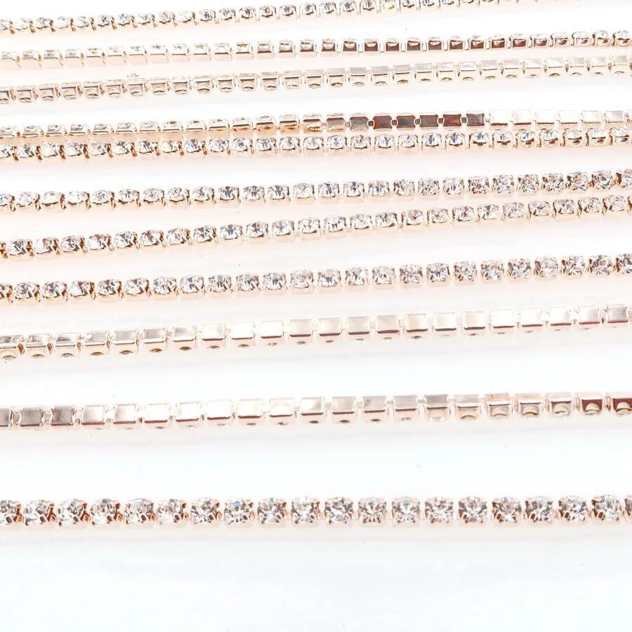 Champagne Gold Base Claw Glass Crystal Rhinestone Chain 5 Sizes 2Mm 2.5Mm 2.8Mm 3Mm 4Mm High Density Sew On Glue On DIY Trimming - (Color: Lt Topaz/Size: Ss6 2Mm 10 Yards)
