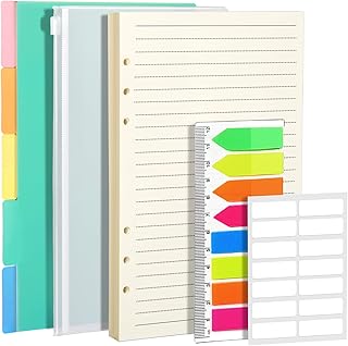 Fandamei A5 Refills Lined Paper Set- 5 Pcs PP Binder Divider + 45 Sheets A5 Planner Inserts Paper + 160 Pcs Neon Index Flags + A5 Zip Lock Pocket + White Label, A5 Notebook Refill Pad, Subject Divider