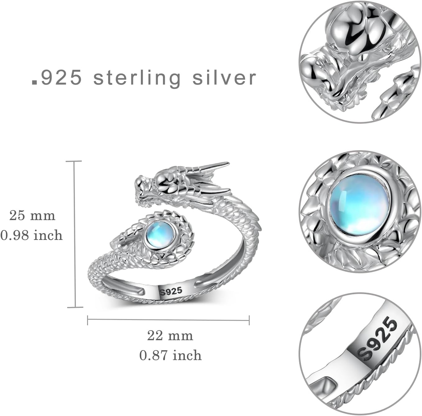 Dragon Ring 925 Sterling Silver Dragon Ring for Women Moonstone Dragon Ring Dragon Jewelry for Women - Image 4