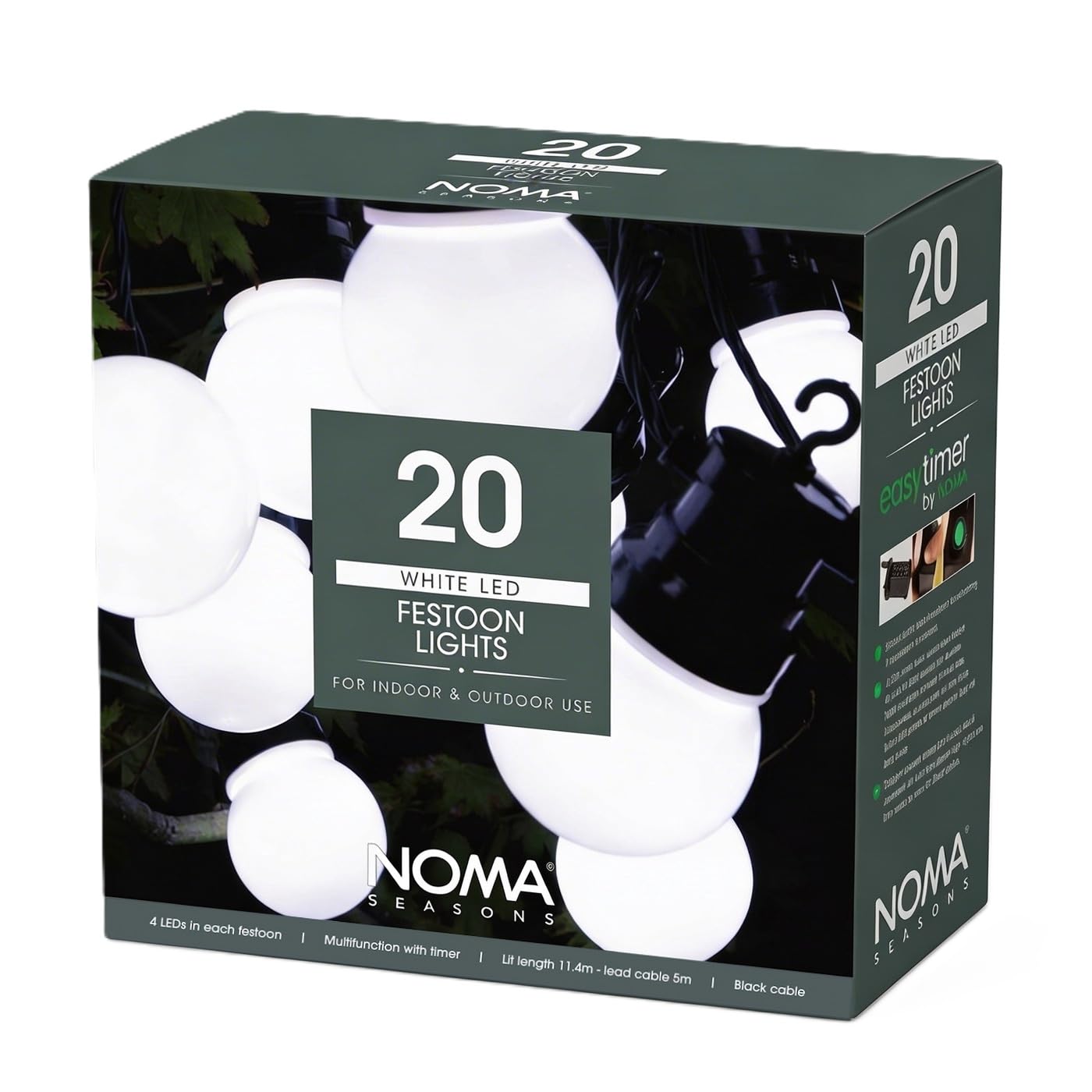 Noma Traditional Festoon Lights with Black Cable, 20 White Bulbs