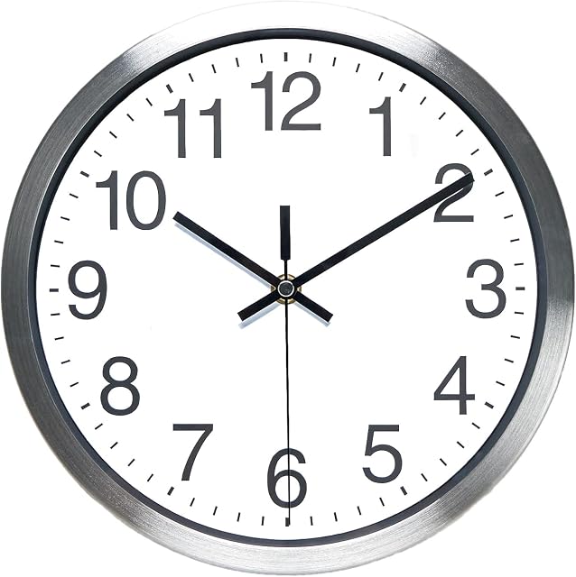 WOOPHEN Modern Silent Wall Clock 10 Inch Non-Ticking Wall Clocks Metal Frame Glass Cover (silver)