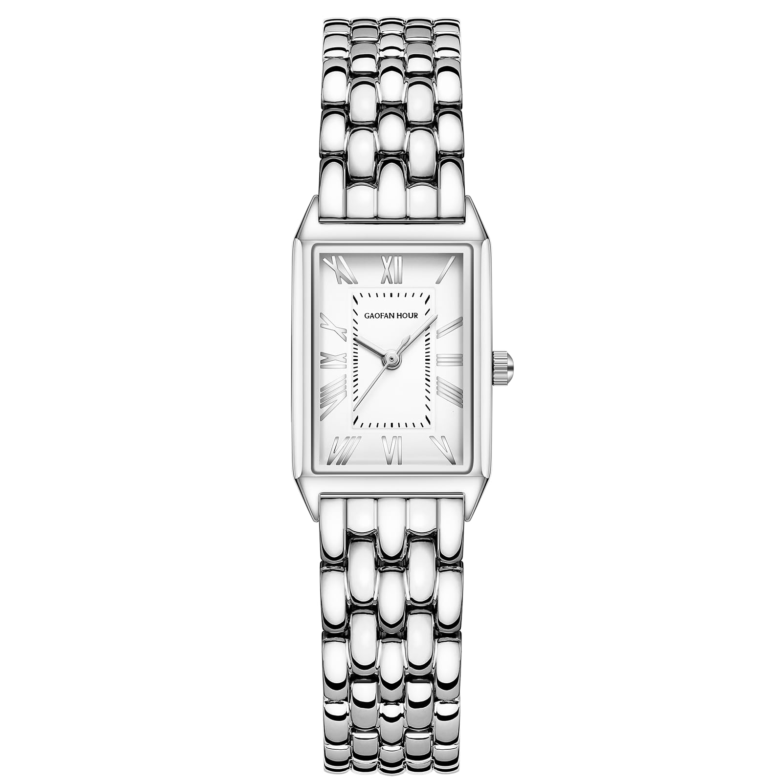 Orologio da donna dorato con cassa rettangolare vintage, quadrante romano bianco, cinturino in acciaio inossidabile, strumento di regolazione incluso, resistente all'acqua