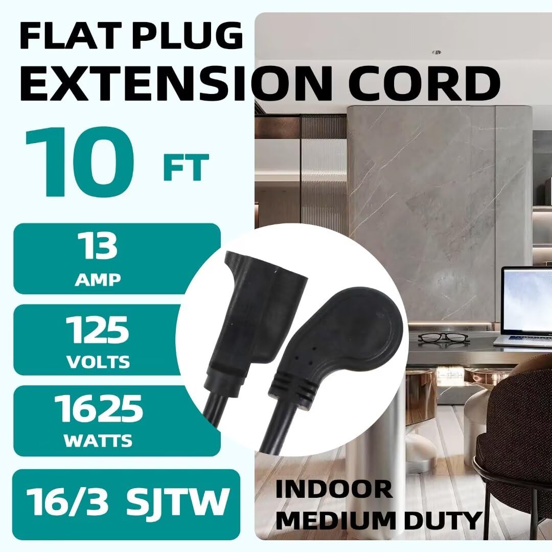 Cable de extensión de enchufe plano de 10 pies, cable de extensión de perfil bajo negro de 16 AWG, 3 puntas, para interiores y exteriores, certificación UL