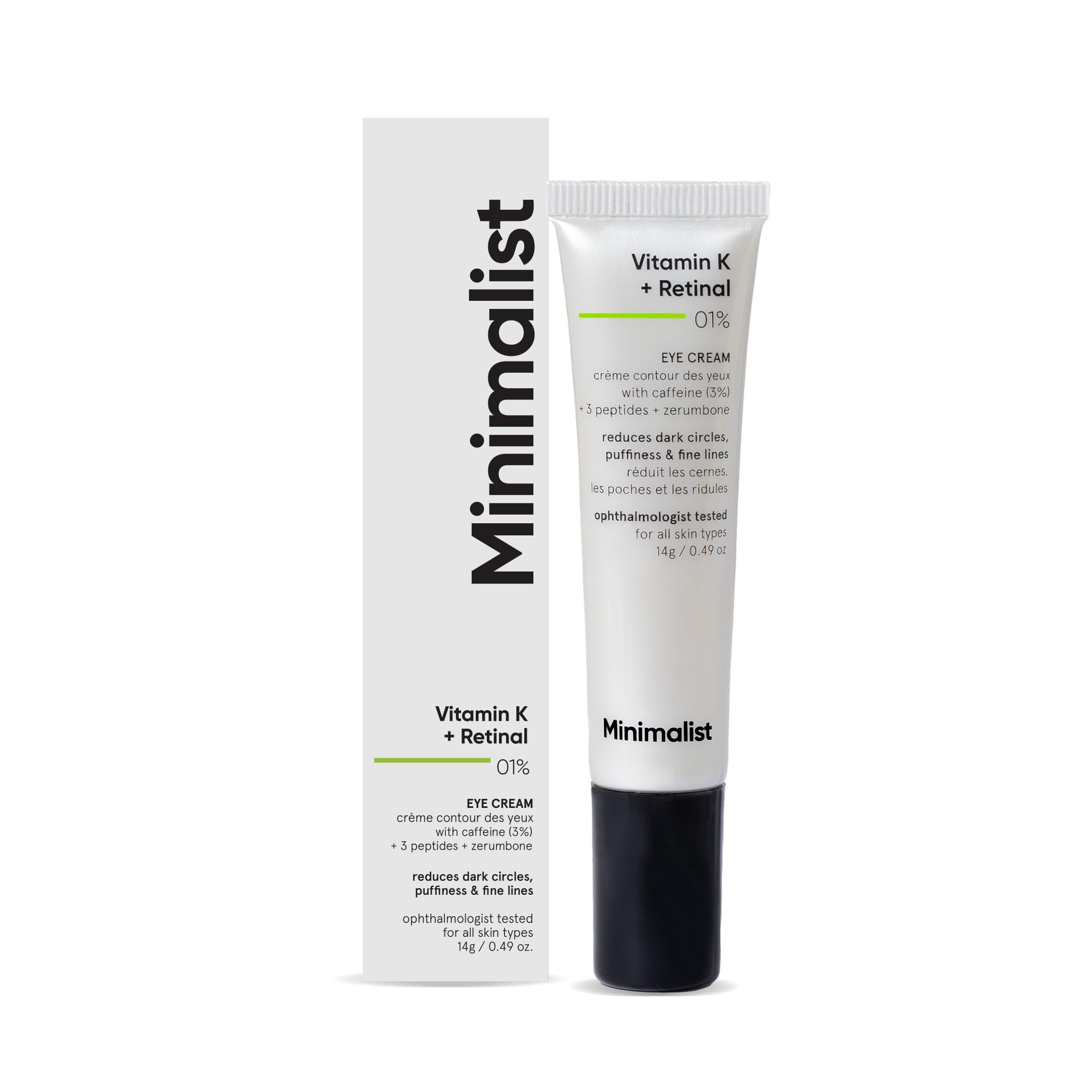 Minimalist Vitamin K + Retinal 01% Under Eye Cream | Reduces Dark Circles, Fine Lines | With Caffeine for Puffiness | For Women & Men | 14 gm