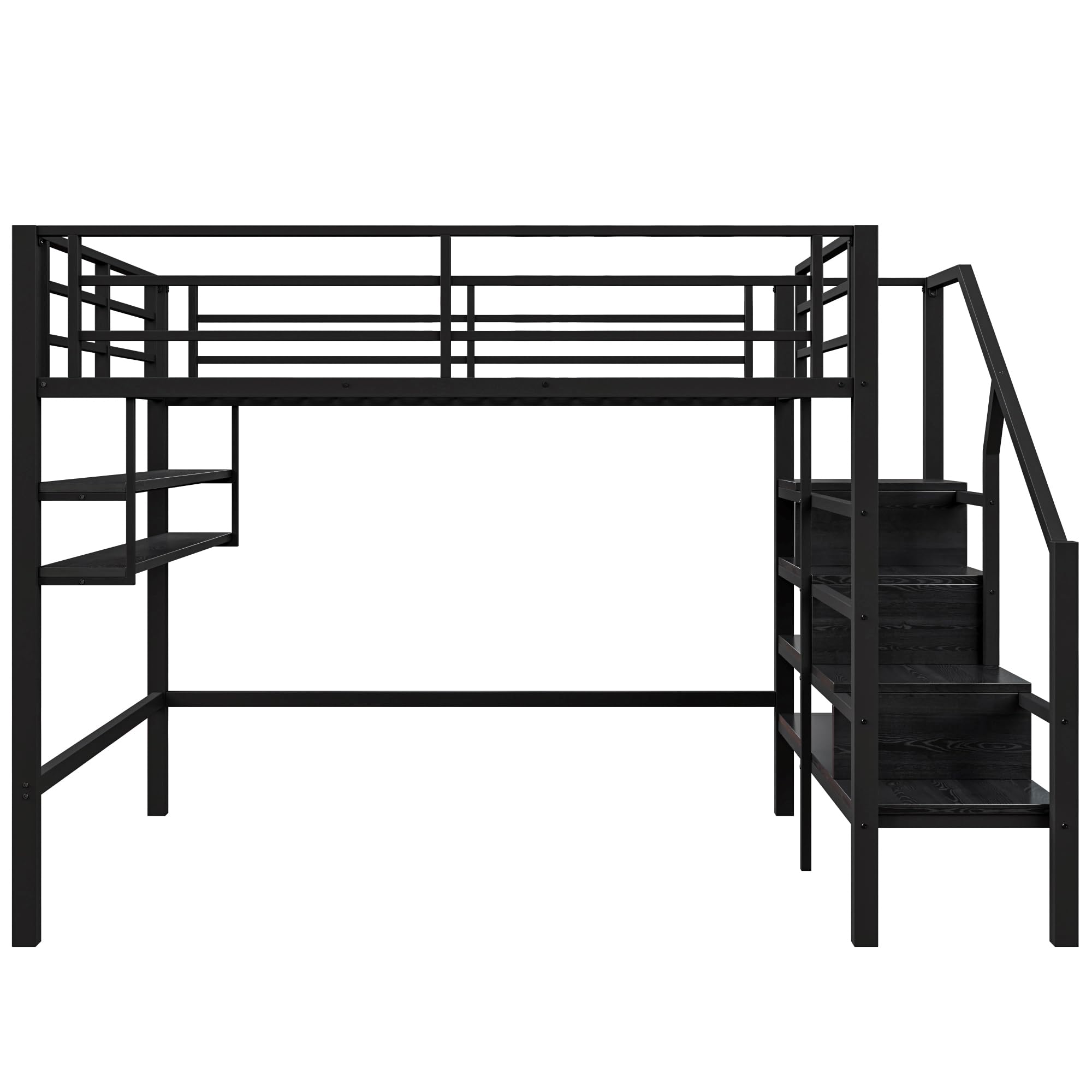 SACOOL Letto a soppalco, 140 x 200 cm, ripiano per riporre spazio sotto il letto, per il rivestimento, ringhiera senza materasso, colore nero