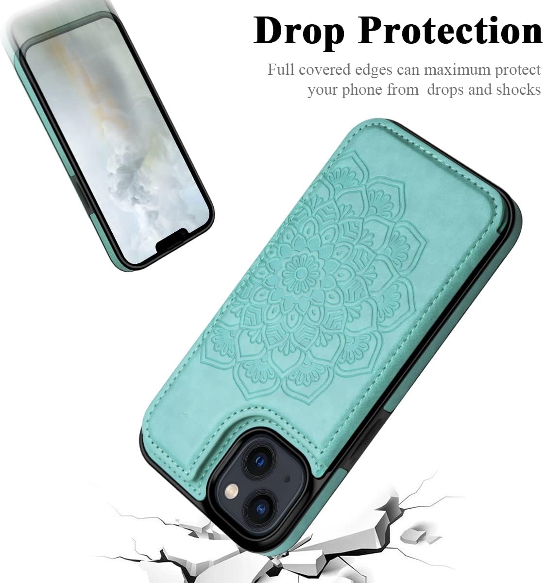 MMHUO for iPhone 14 Plus Case with Card Holder,Flower Magnetic Buttons Protective Wallet Case for Women for iPhone 14 Plus,Mint - Image 6