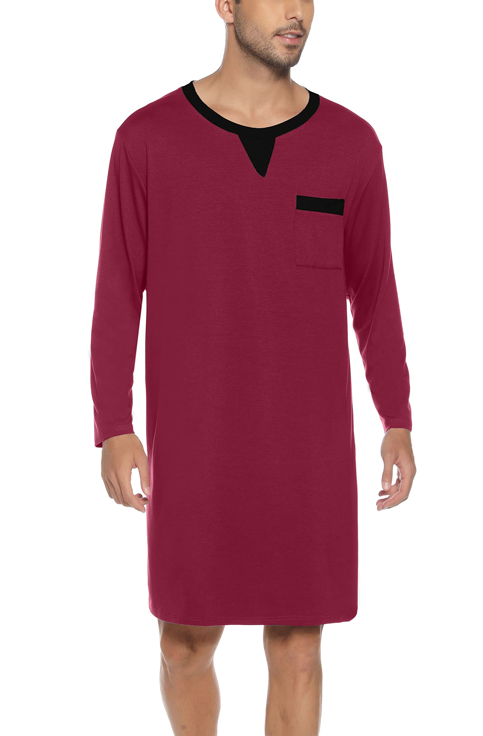 Yukiuiny Herren Langarm Nachthemd Knielang Jersey Pyjamaoberteil Baumwolle Weich Luftig Schlafshirt Nachtwäsche für Krankenhaus