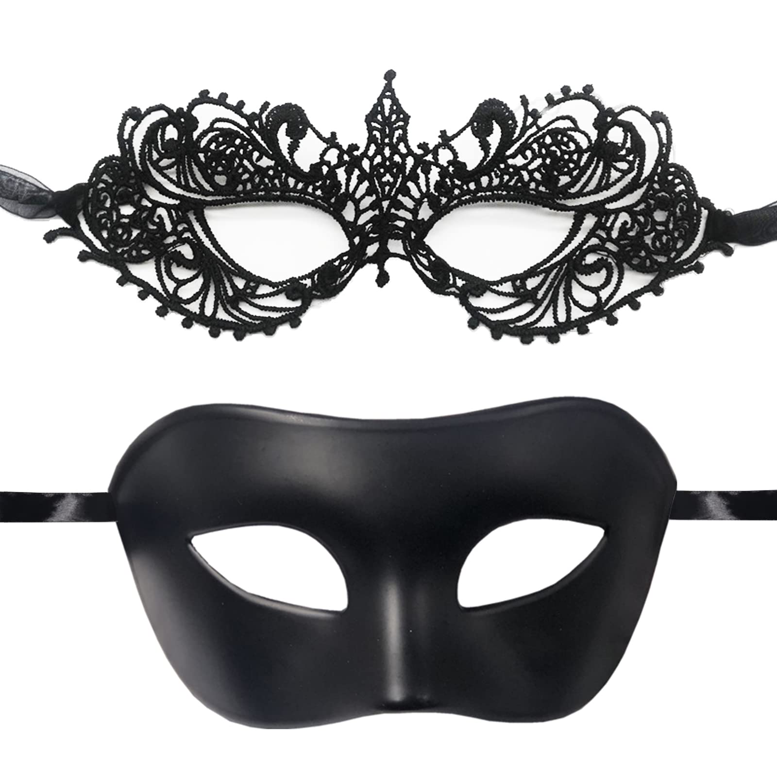 2-Pack Masquerade Masks - Couple's Venetian Set, Sexy Lace Eye Mask for Women, Matt Classic for Men - Mardi Gras, Prom, Costume, Fancy Dress Party Accessories