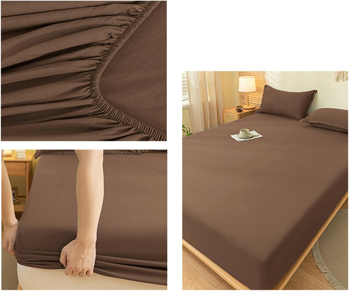 Bedding Fitted Sheet King XL, Bed Sheets 3 Piece Set Solid Color Washed Cotton Fitted Bed Sheet with Two Pillow Cases Fade Resistant Easy Care Bedding, Coffee, 79"x 87"x 12"