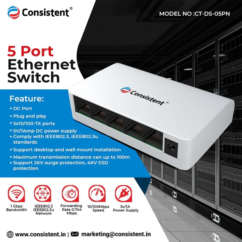 Image of Consistent 5-Port Fast Ethernet Desktop Switch (CT-DS-05PN)- 10 /100Mbps Compact Network Splitter, Plug-and-Play Setup, Energy-Efficient Design for Home & Small Office