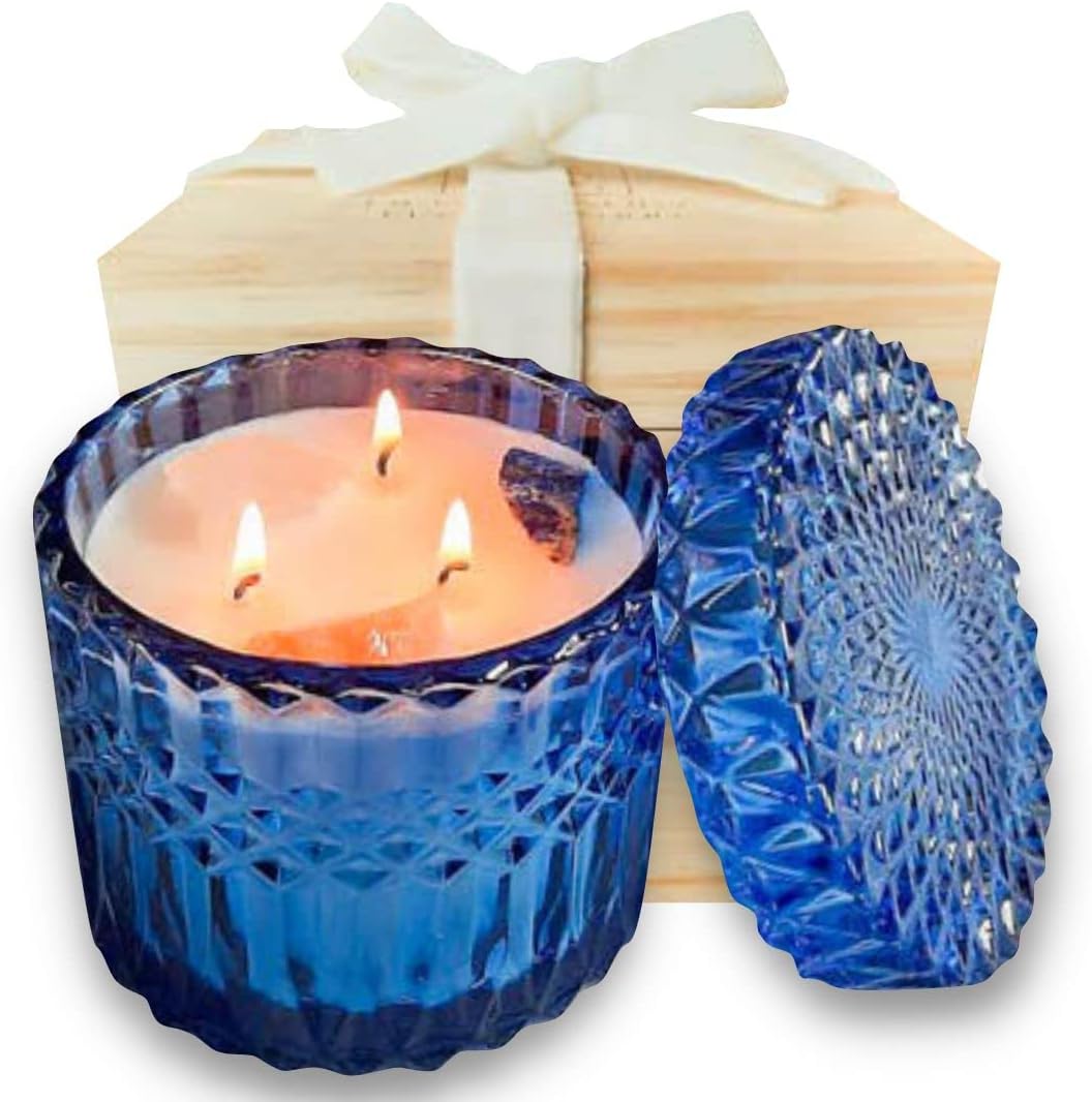 Healing Crystal Candle - 14oz Meditation Candles with Crystals Inside. Citrine, Lapis Lazuli, Clear Quartz. Manifestation Candle for Optimism, Abundance, Self-Knowledge, and Higher Awareness