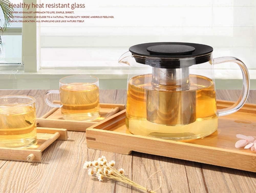 Tebery Tetera de cristal de 1,5 L con filtro de acero inoxidable resistente al calor, infusor extraíble para té y café, tapa de plástico