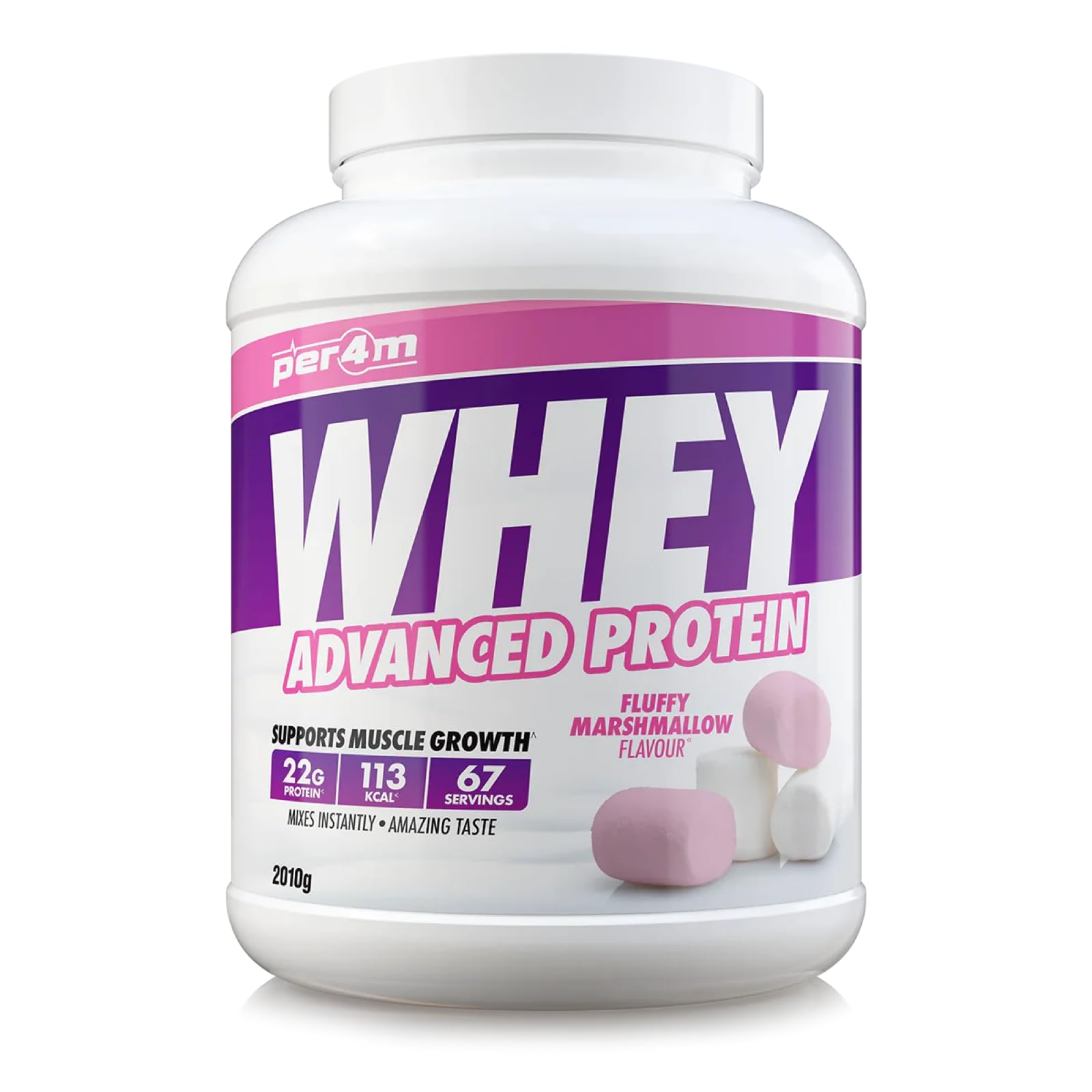 Per4m Whey Protein Powder | High Protein Shake for Muscle Growth & Recovery | Low Sugar Gym Supplement | Sports Nutrition Drink + Amino Acids (2010g, Fluffy Marshmallow)