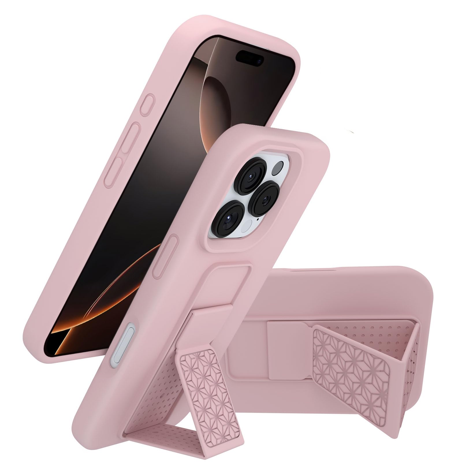 LAUDTEC Silicone Kickstand Case Compatible with iPhone 16 Pro, Vertical and Horizontal Stand Hand Strap Metal Kickstand Cover, Flexible Soft Liquid