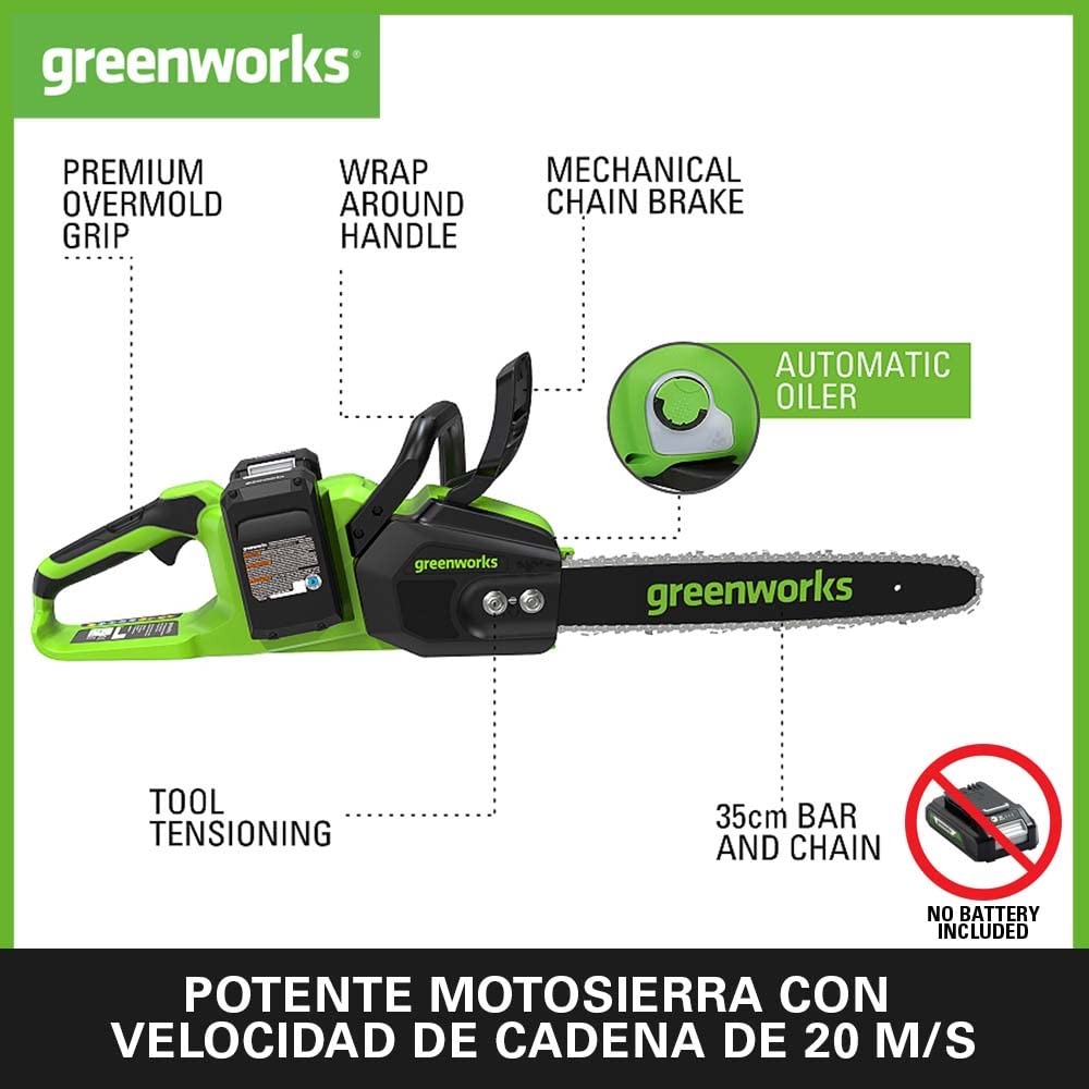 Greenworks 48V (24V x 2) Motosierra a Batería, Motor sin Escobillas, Barra 14-Pulgada (35 cm), Velocidad de Cadena 20m/s, 3,7kg, Autoengrasado,SIN 2 Baterías 24V y Cargador, GD24X2CS36