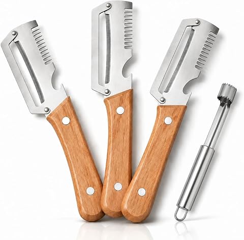 Vegetable Peeler Multifunction Potato & Fruit Peeler Tool-3pcs | Stainless steel peeler with solid wood handles for potatoes, carrots and apples, includes bottle opener and fruit corer