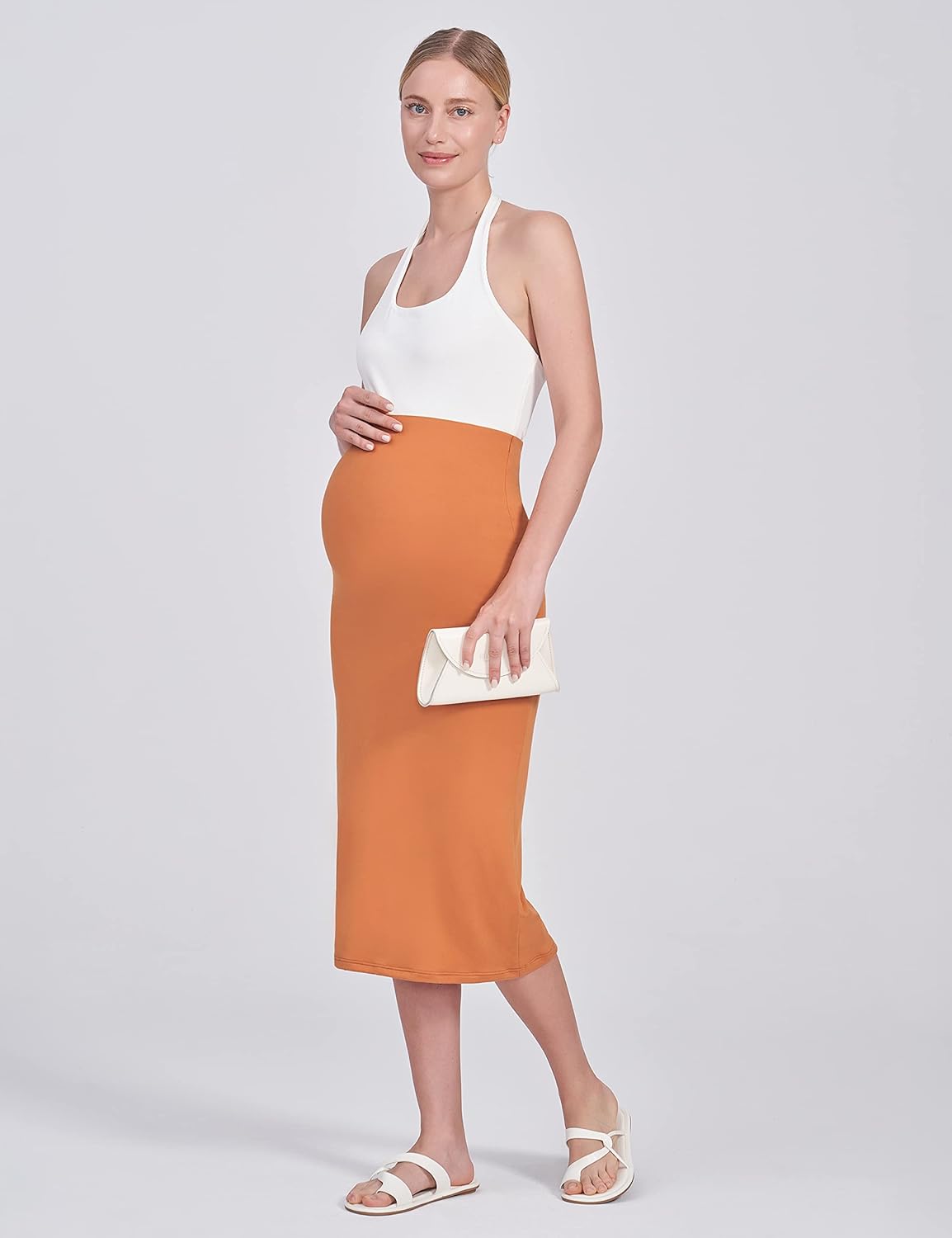 POSHDIVAH Women's Maternity Skirt Over The Belly Midi High Waisted Solid Stretchy Pregnancy Pencil Skirt - Image 3