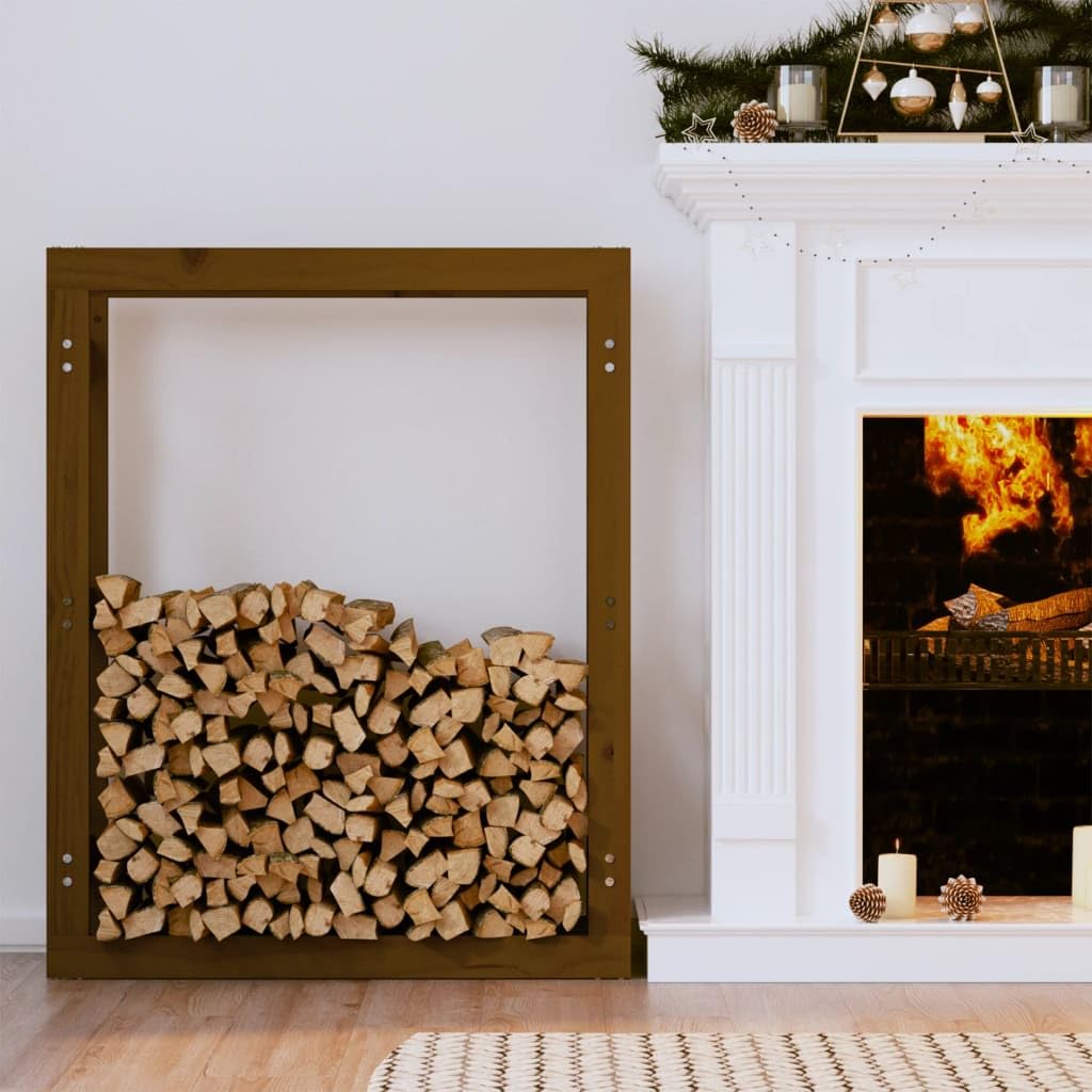 Estantería para leña, color marrón miel, de madera de pino maciza, 80 x 25 x 100 cm para leña, ayuda para apilar, almacenamiento, almacenamiento, soporte, protección en el salón, interior