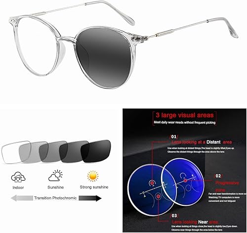 Miniatura 2 de Near Far Multifocal Progressive Mujeres Redondo Retro Aleación Varifocal UV400 Transición Fotocrómico Vidrio de Lectura +1.0 +3.0