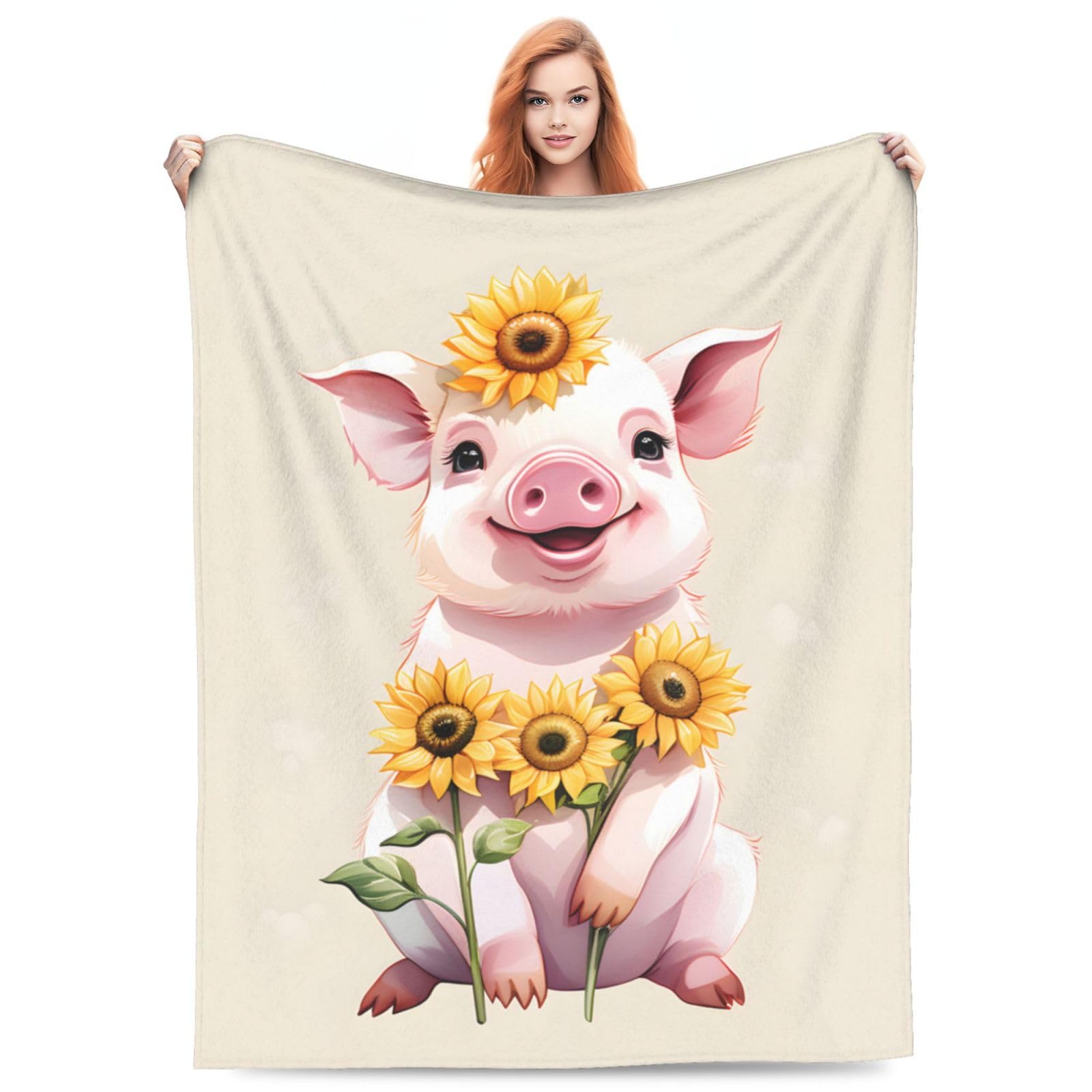 amepay Cute Pig Sunflower Blanket Gifts for Adults Kids Cartoon Piggy Piglet Flannel Throw Blankets Soft Comfy Lightweight for Home Decor Couch Bed