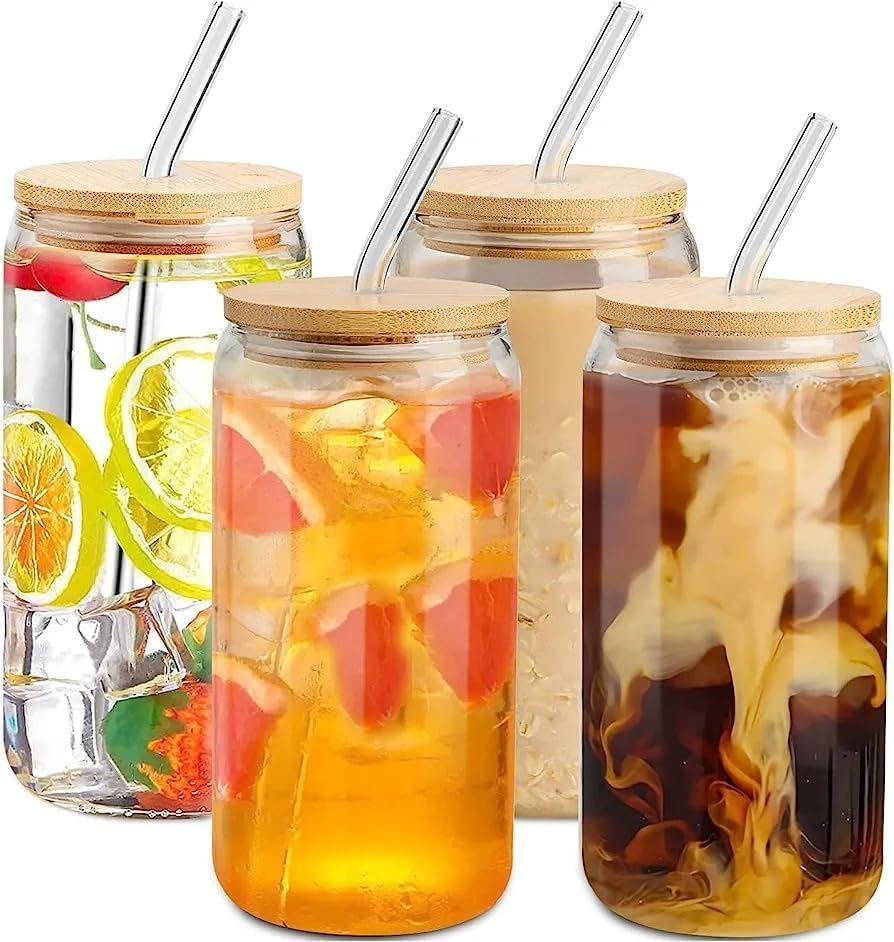 JIYAN FASHIONS | Milk Bottle Glass Mason Jar Mug 500 ML Set of 2 With Reusable Straw, Bamboo Airtight Twist Lid - for Milk, Juice, Shake, Smoothies, Coco, Coffee-Tea 2