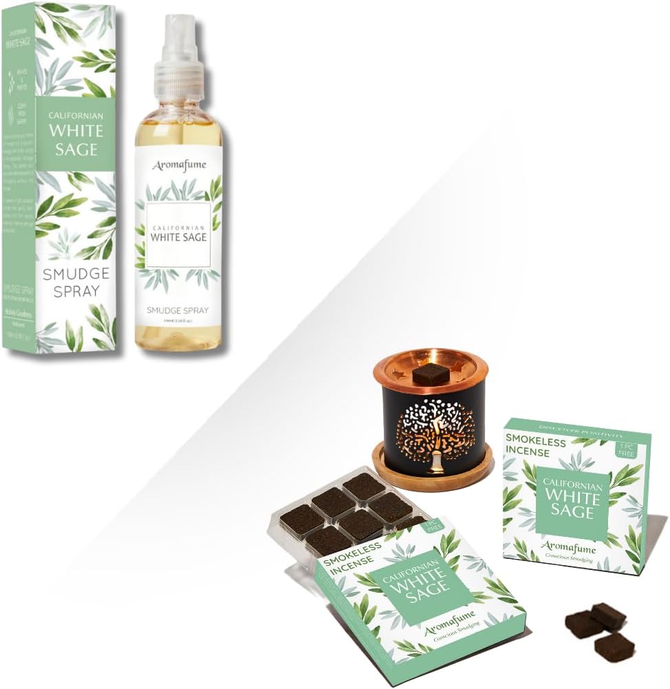 White Sage Incense Bricks (2), Tree of Life Burner & White Sage 100ml Smudge Spray