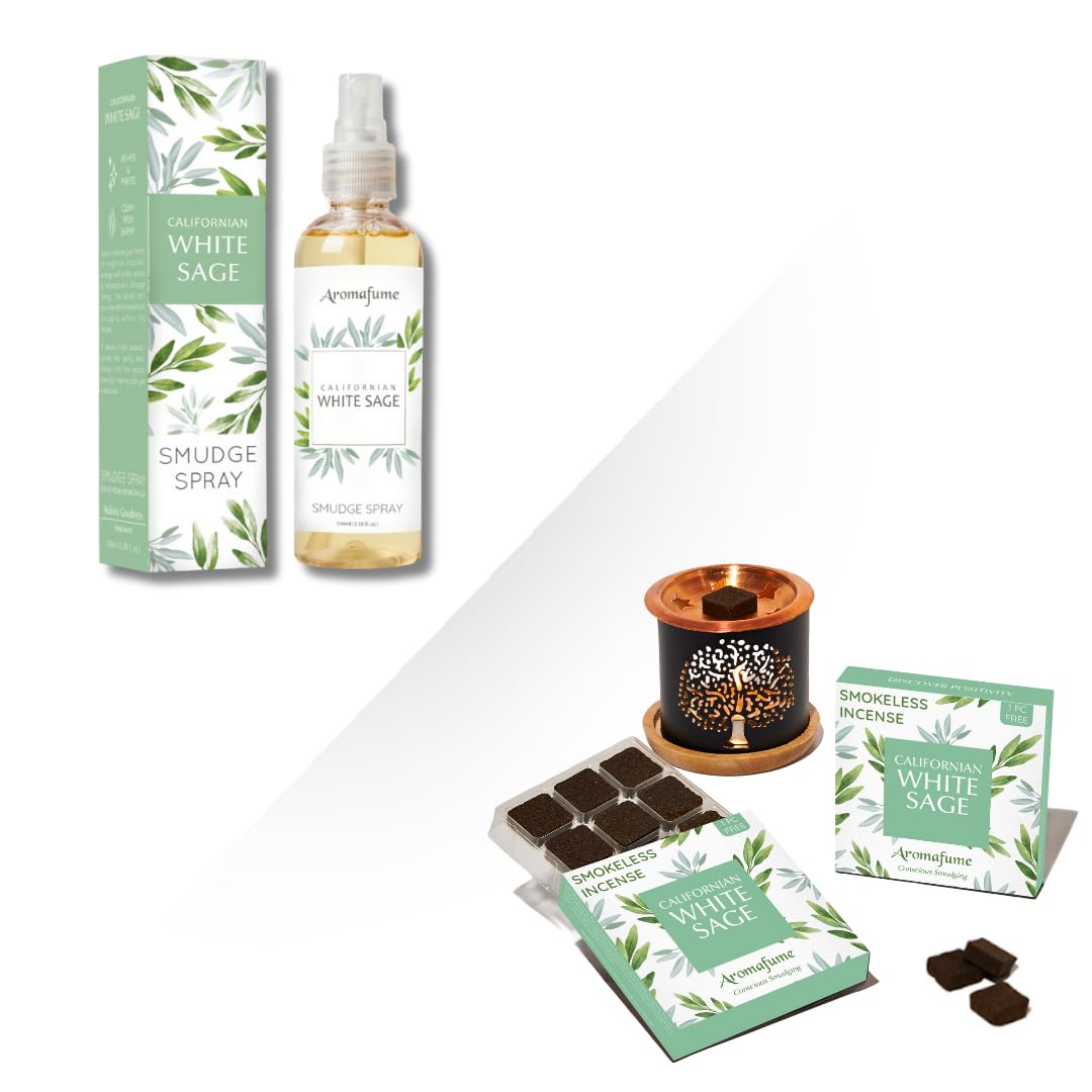 White Sage Smudge Spray & Incense Brick Gift Set | Made with Salvia Apiana Extracts | Natural Air Freshener | For Cleansing, Positivity & Energy Purification | Alcohol-Free, Non-Toxic | Aromafume