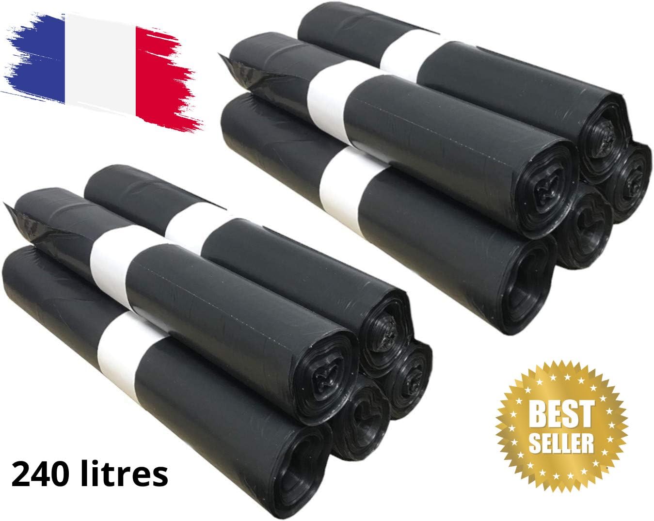 Lot de 10 Sacs Poubelle 240L [ Doublures de Container 2 Roues + Sangle de Fixation | Anti Salissures - Anti Odeur | Résistant - Anti Fuites | Fabriqué en Europe (240 LITRES)