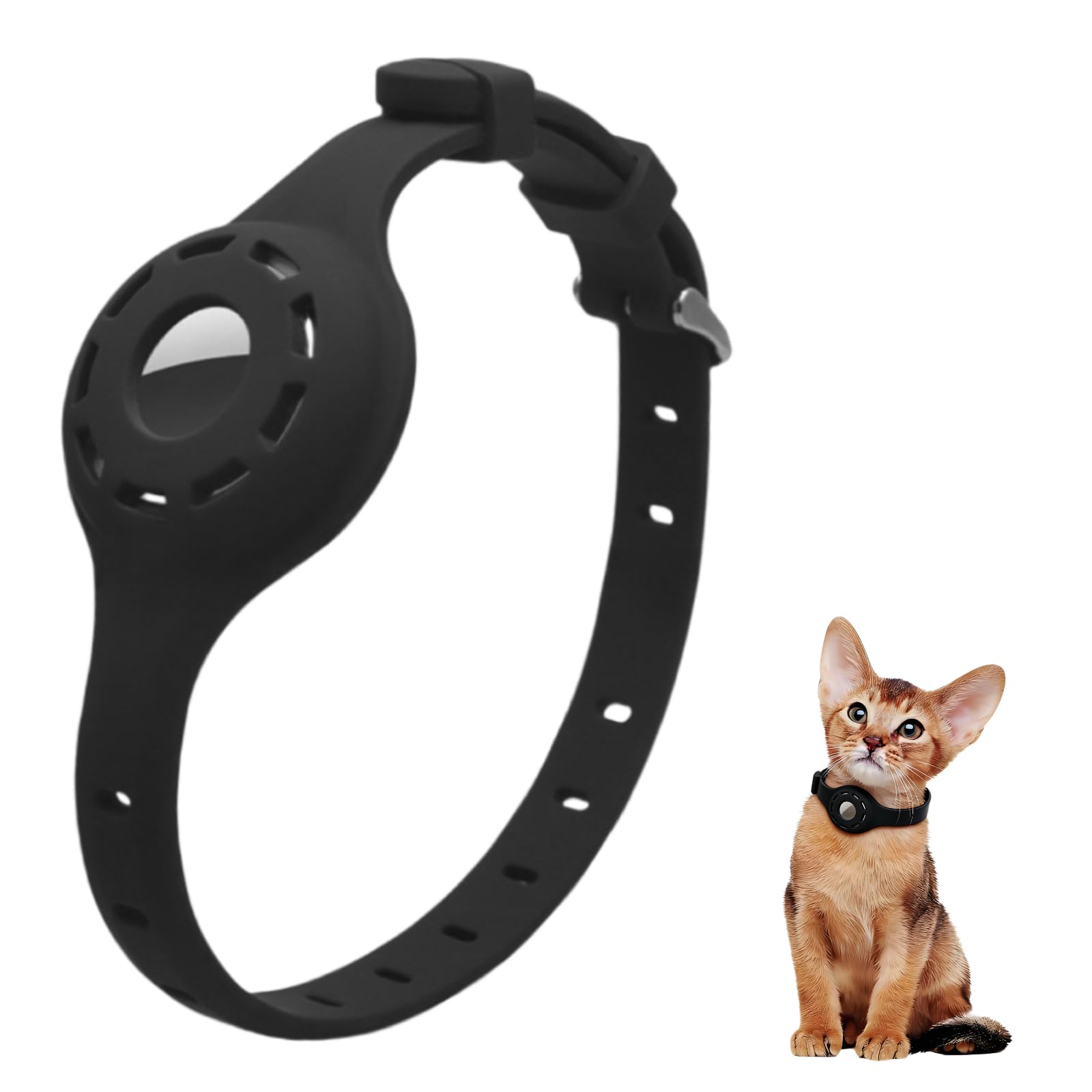 LiRui.R Airtag Protector Silicone Luminous Collar Adjustable Loss Prevention Eye-catching Pet Collar for Cats and Small Dogs(Black)